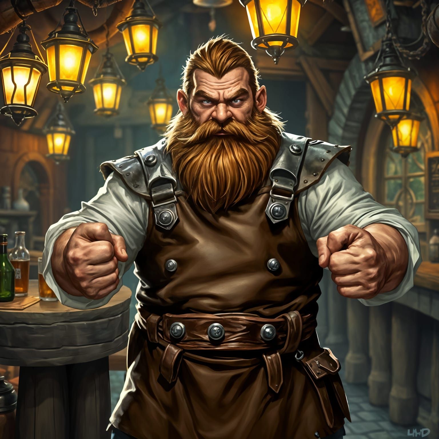 Dwarf Bartender Stands Ready for Brawl in Medieval Tavern