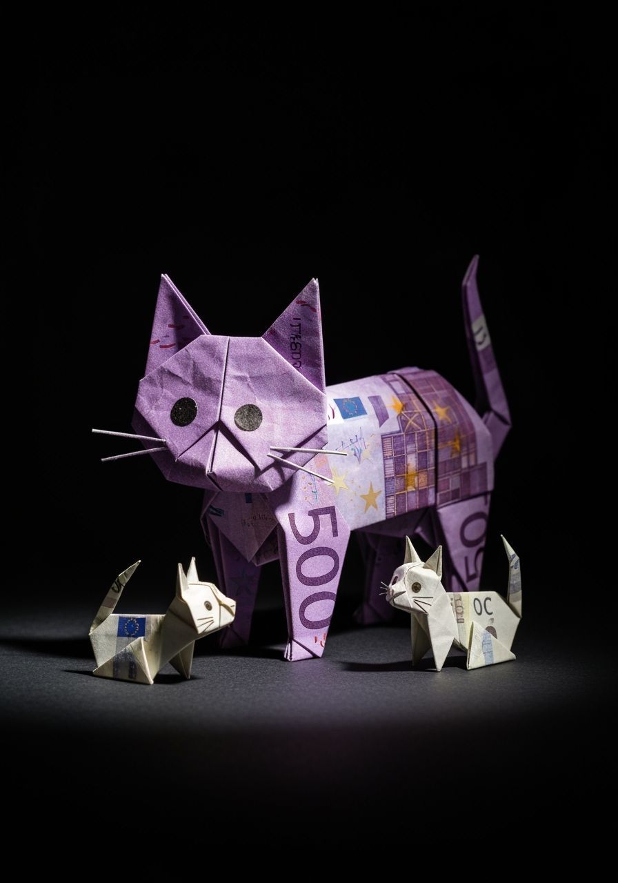 Origami Cat & Kittens from Euro Bills on Black Background