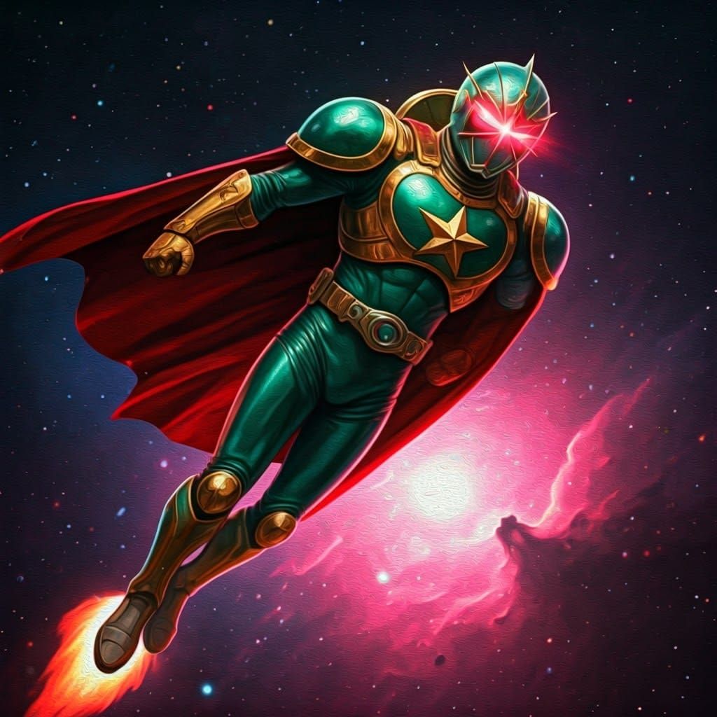 Emerald Space Hero in Retrofuturistic Flight