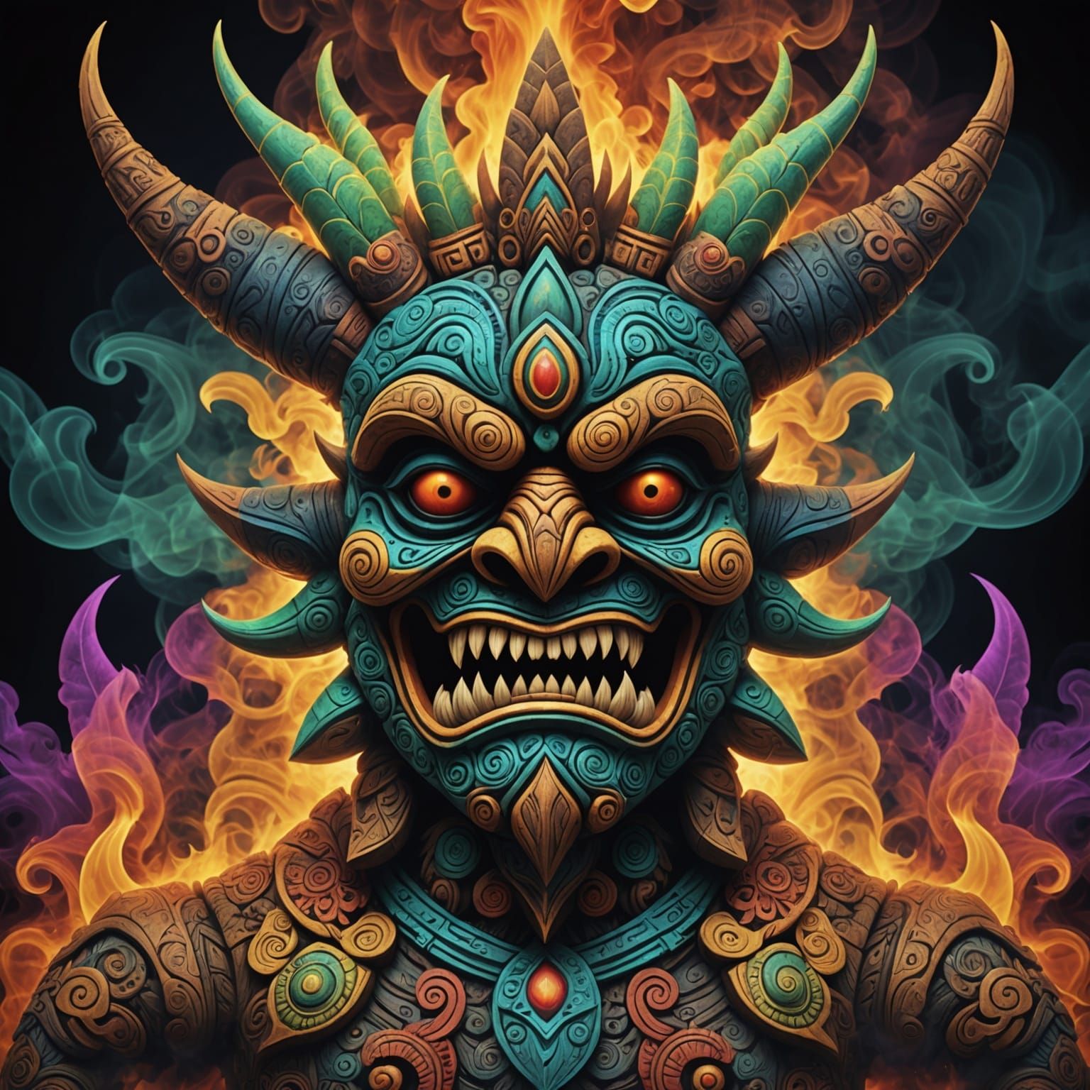 Vibrant Fractal Tiki Monster in Multicolored Smoke
