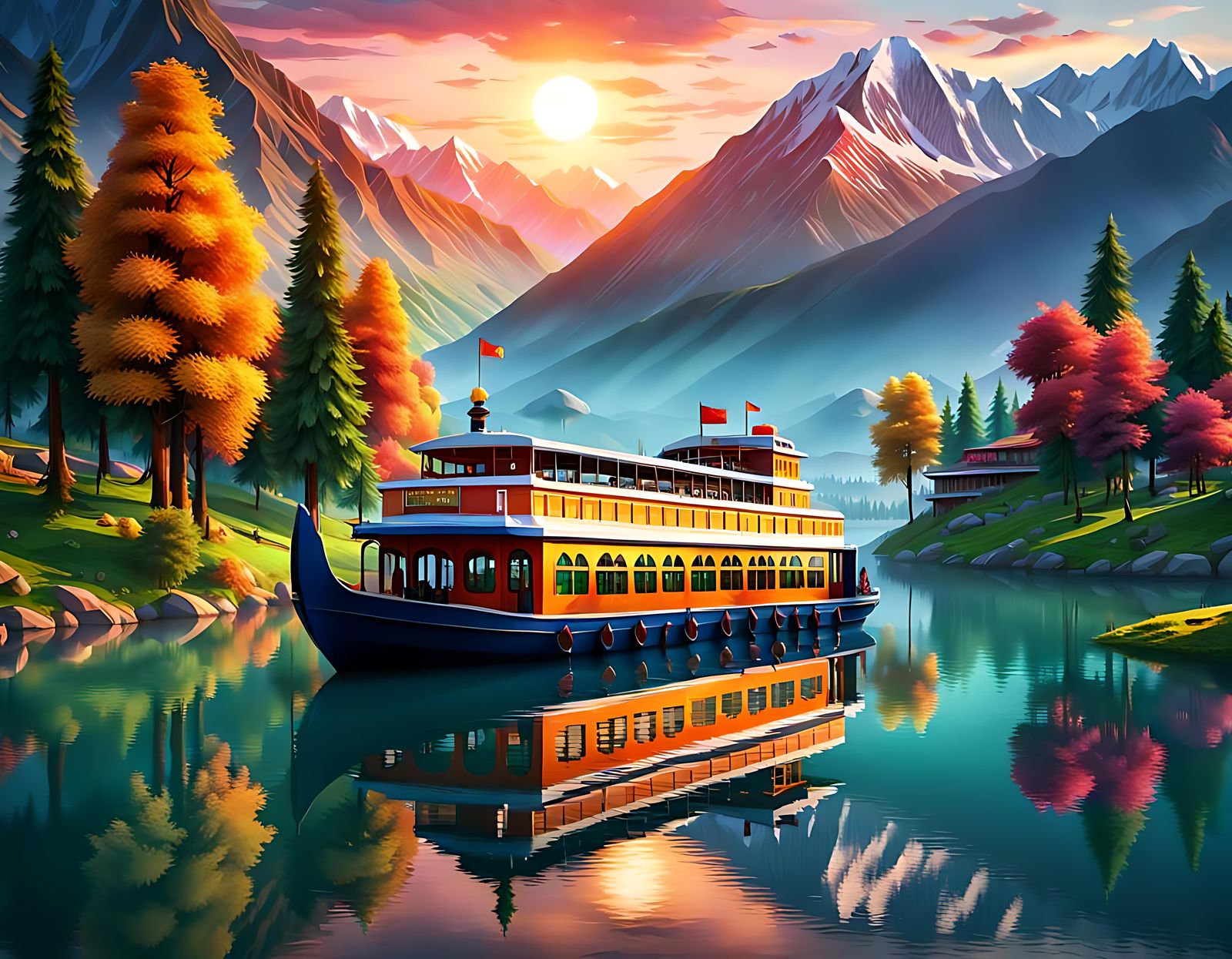 Gorgeous Ferry Boat on Kashmir Lake: Studio Ghibli Style