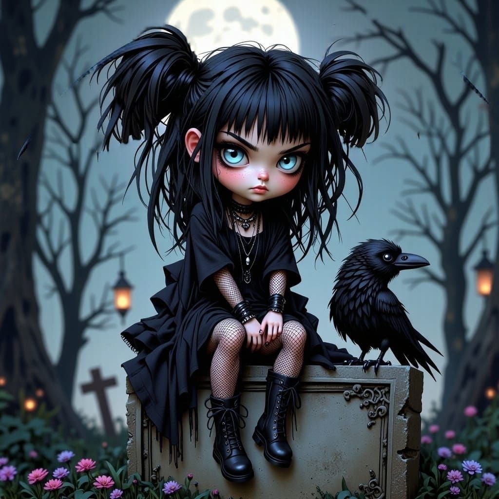 Whimsical Emo-Goth Chibi Girl in Bohemian Gothic Style