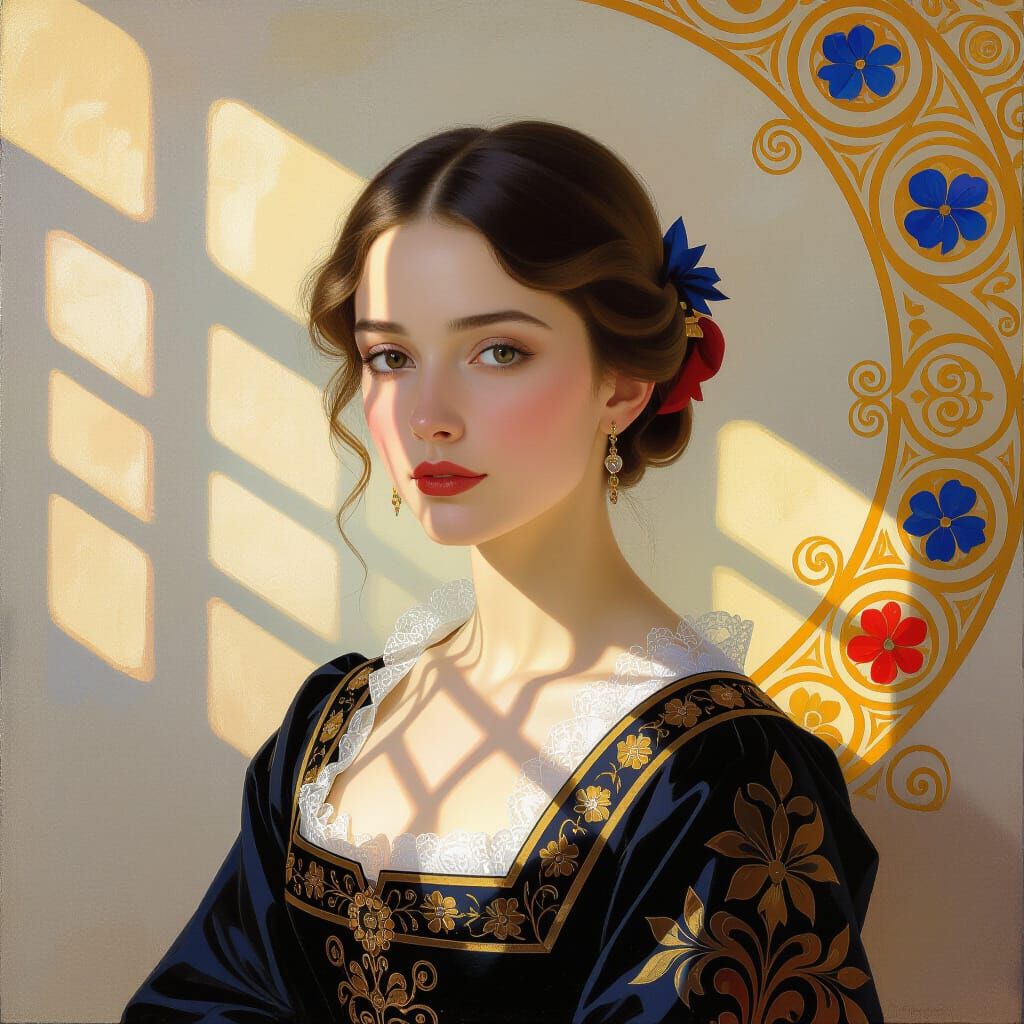 Cinematic Portrait with Golden Patterns and Expressive Color...