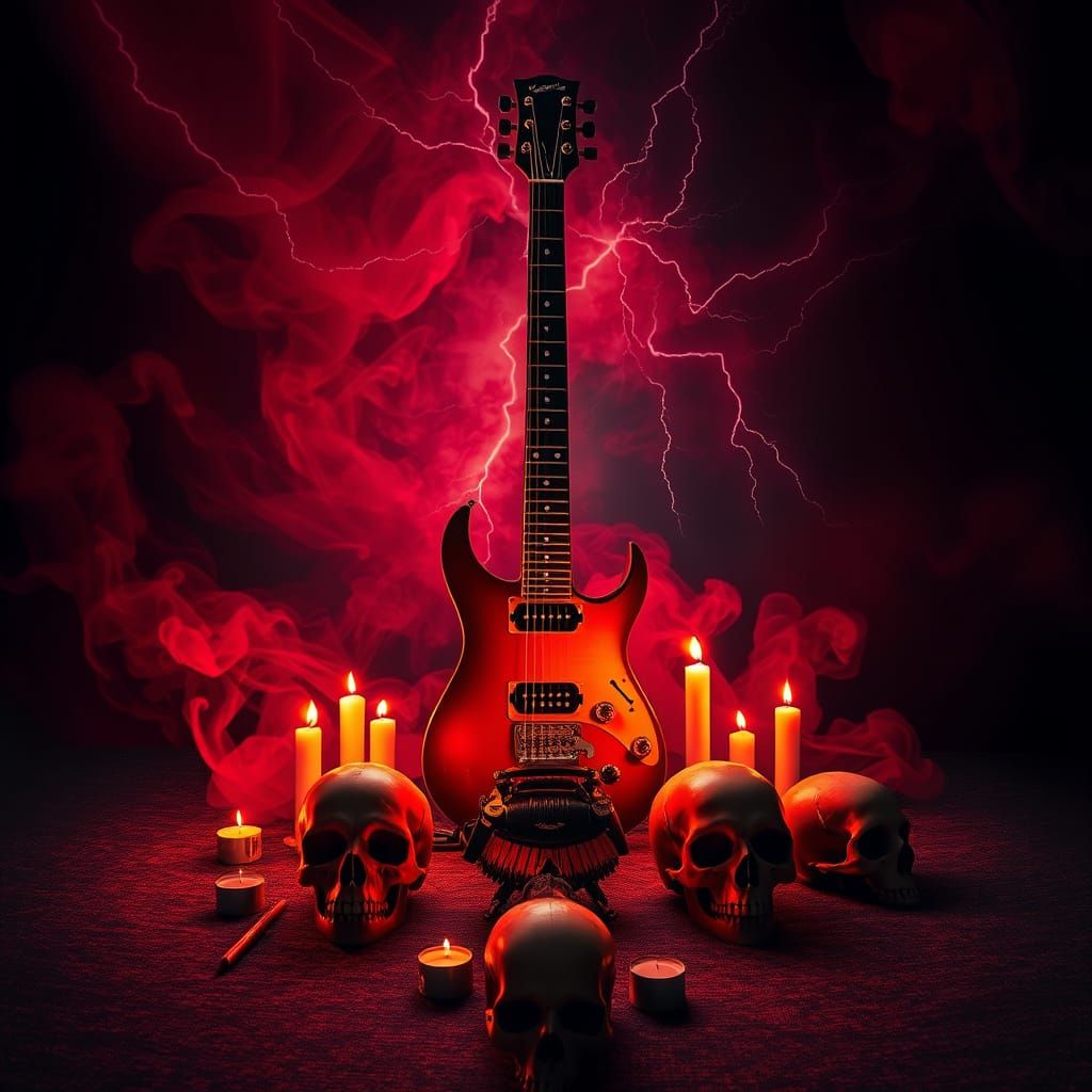 Electric Guitar in Dark, Red Smoke Landscape with Skulls