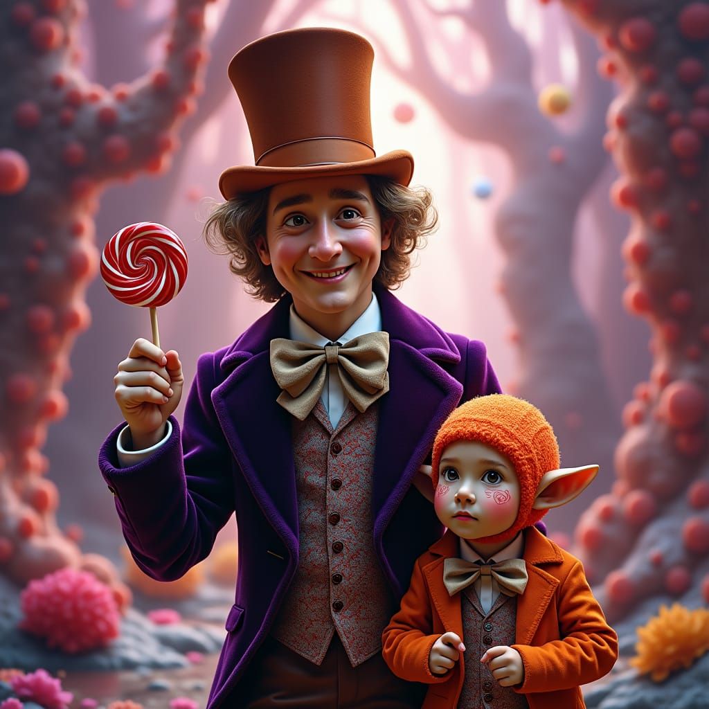 Willy Wonka and Orange Child in Candy Kingdom
