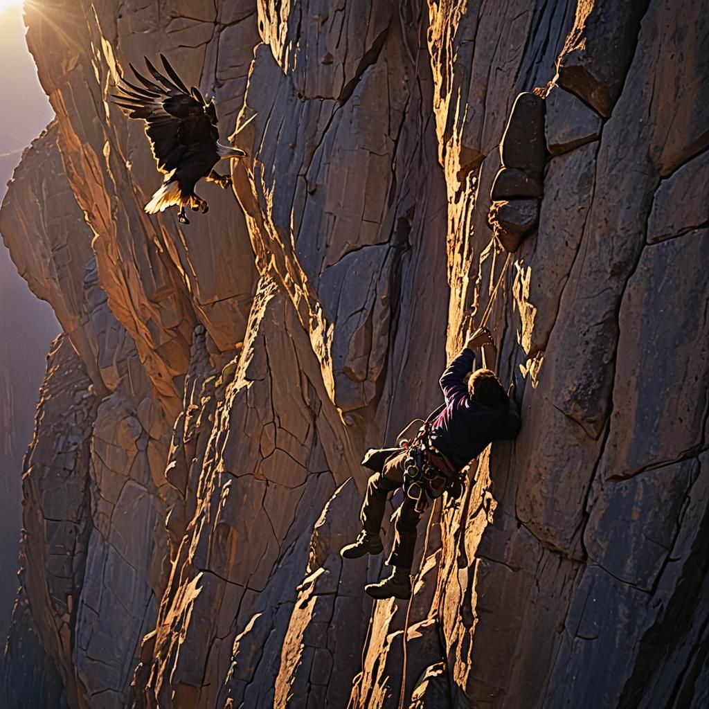 Cinematic Climber's Descent Amidst Golden Light and Majestic...