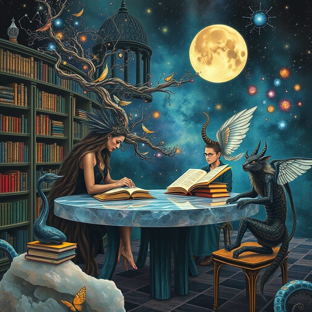 Celestial Library with Nebulae Woman in Surreal Style