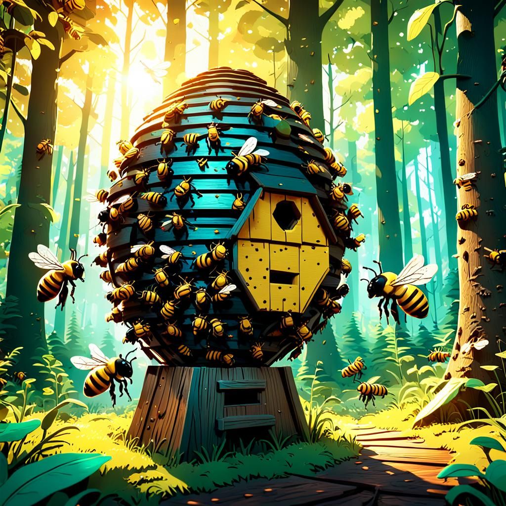 Bees Around Hive: Pixar-Inspired 3D Animation Concept Art
