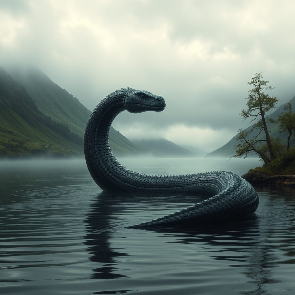 Majestic Loch Ness Monster in Hyperrealistic Scottish Highla...