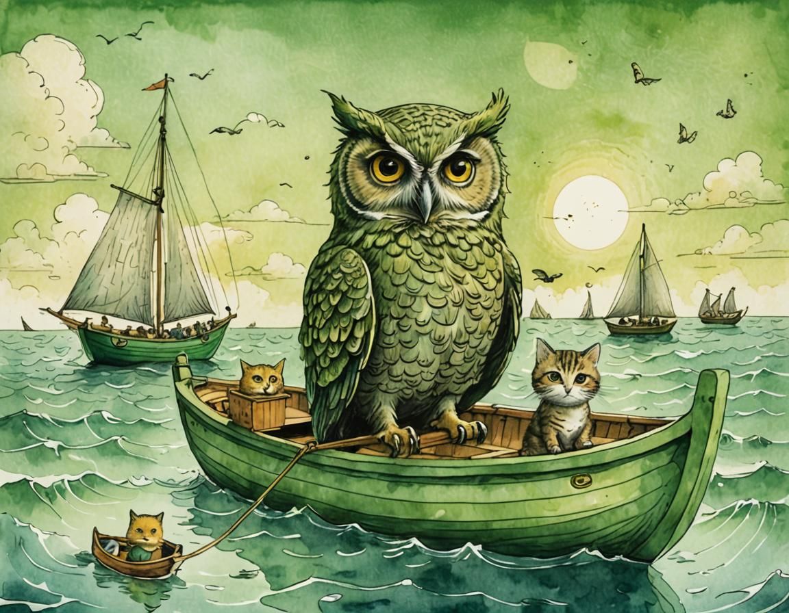 Owl and Kitty Cat's Sea Voyage in Watercolor