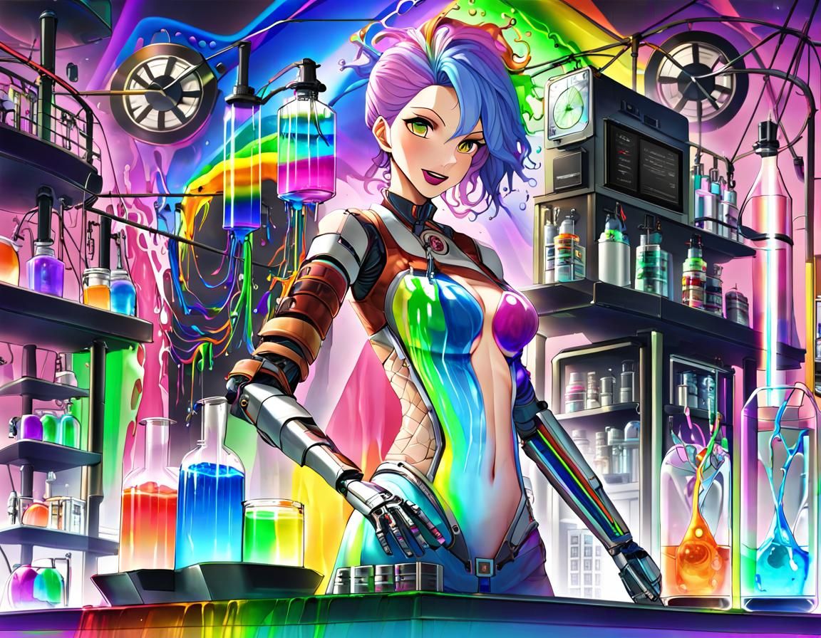 Cyberpunk Scientist with Robotic Arm and Glass Stomach