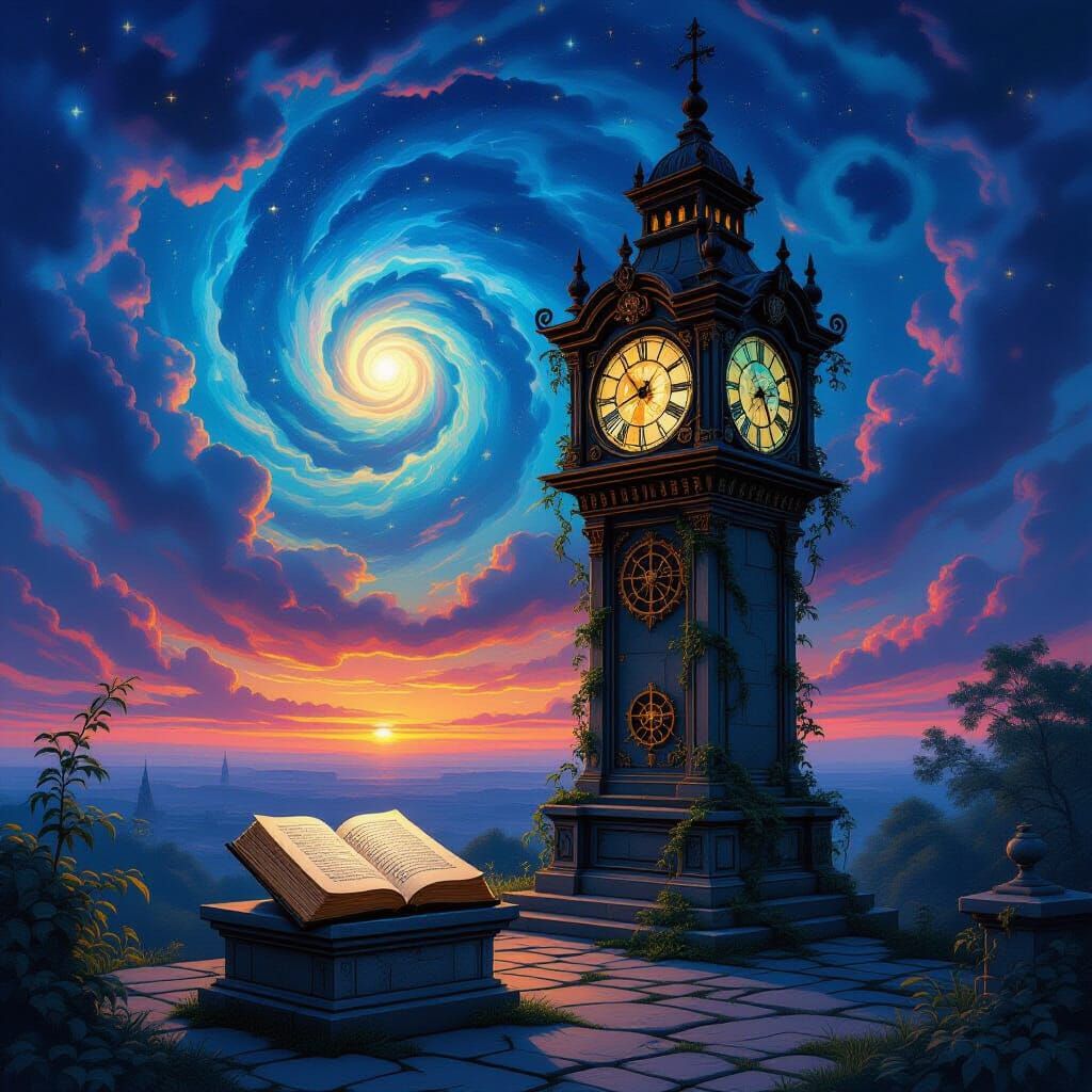 Ancient Clock Tower Against Nebula Twilight, Oil Painting