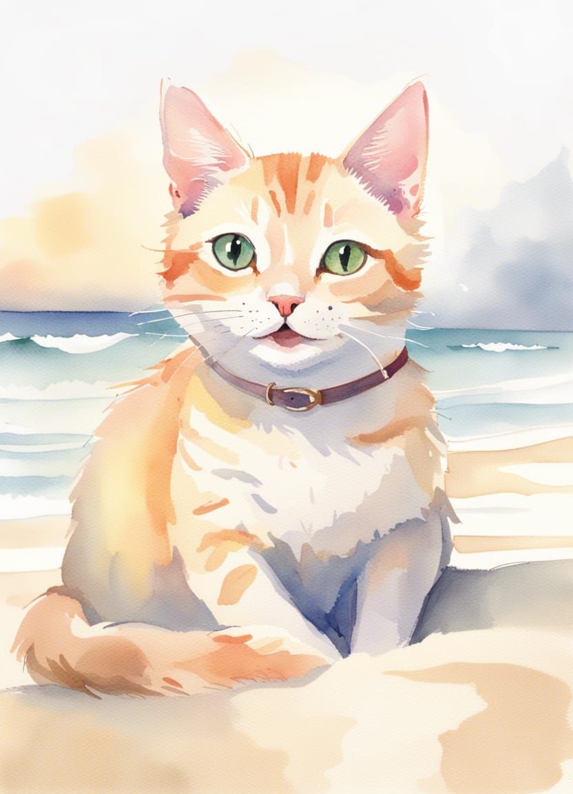 Cat Smiling on Beach in Watercolour Style