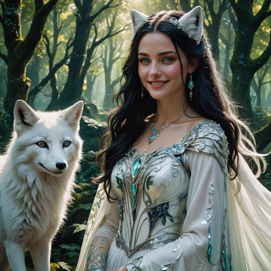 Smiling Woman with Fox in Forest: Fantasy Concept Art