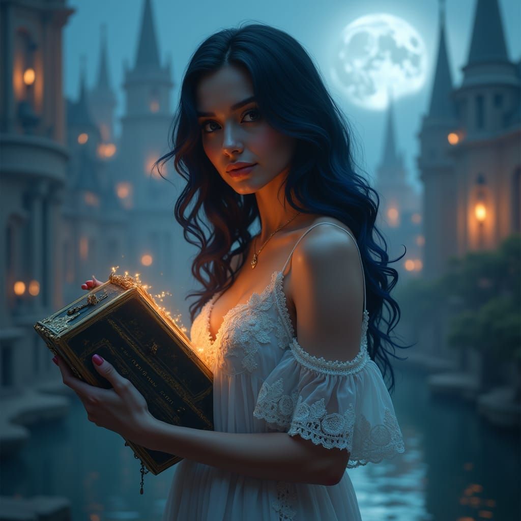 Ethereal Woman with DVDs in Dreamlike Cityscape