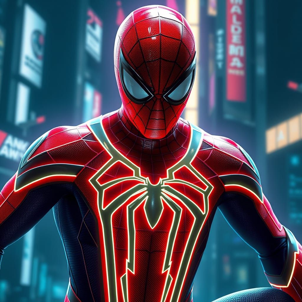 Cyberpunk Spider-Man Illuminates Neon Cityscape