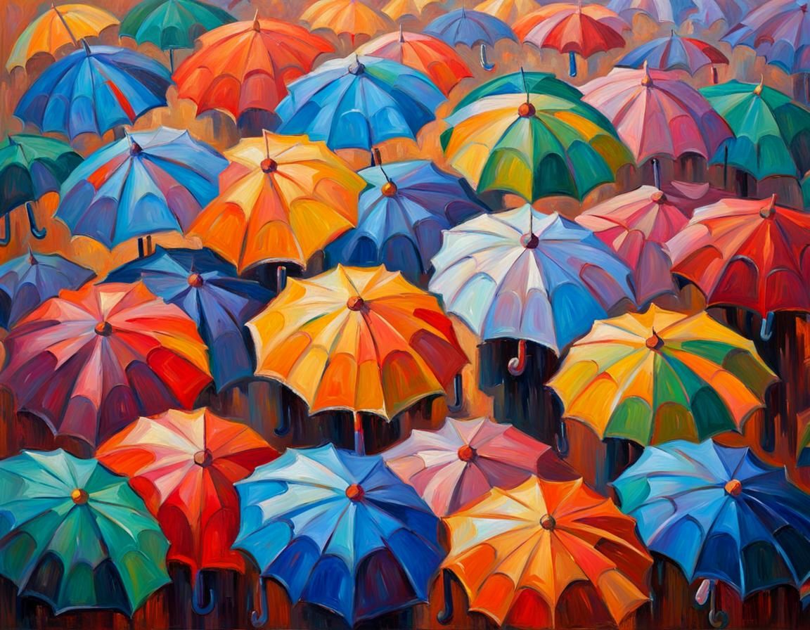 Colorful Umbrellas in Expressionist Impasto Oil Painting