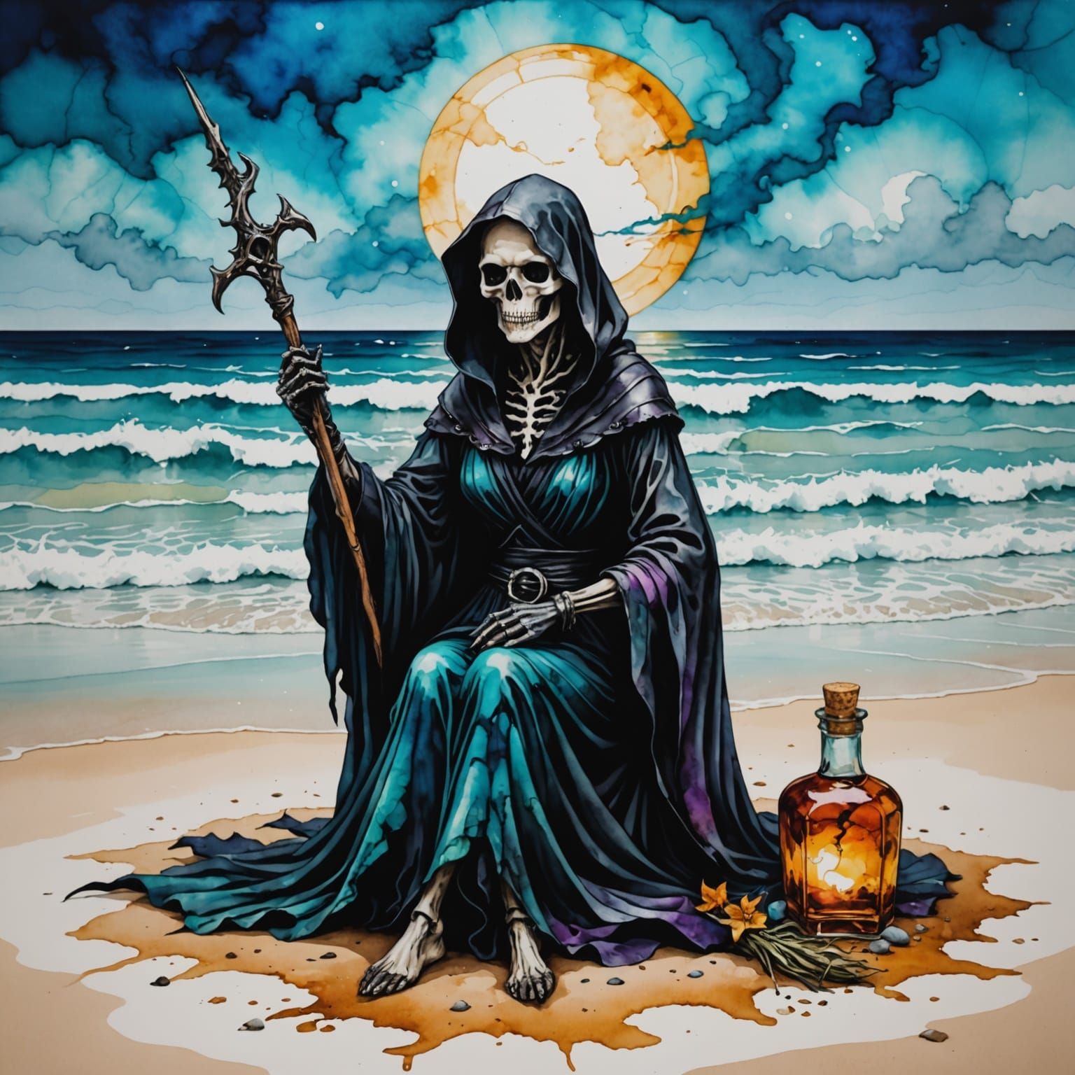 Mysterious Reaper Contemplates Serene Beachscape in Alcohol....
