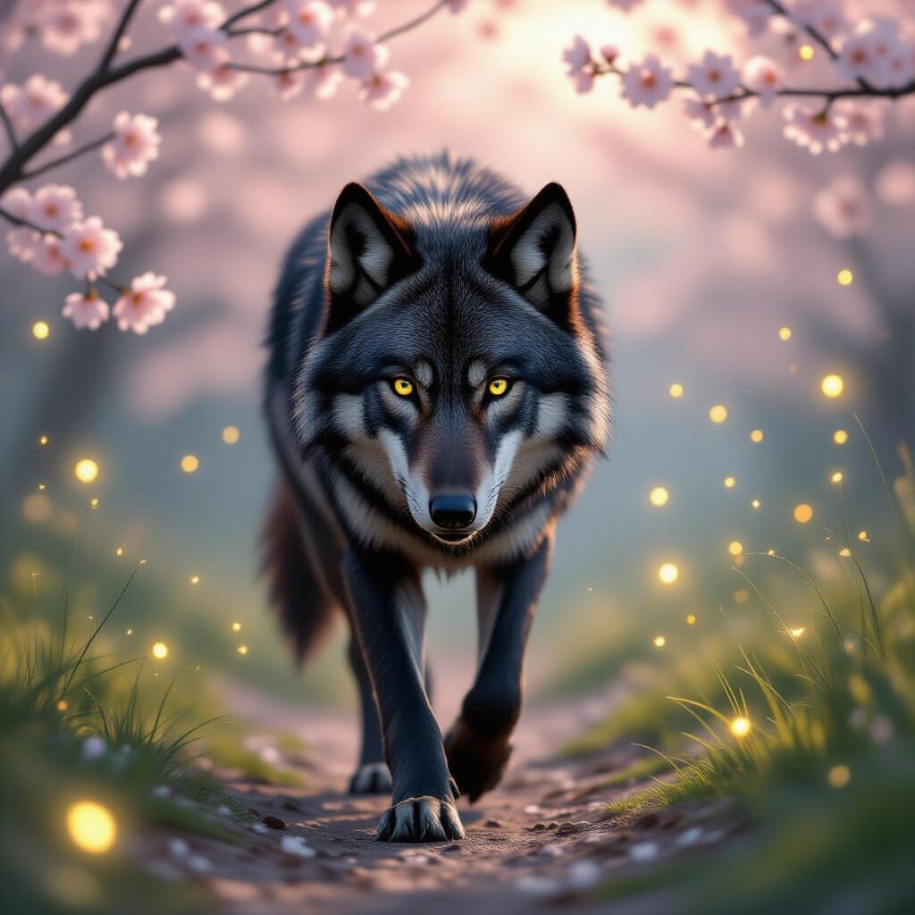 Black Wolf in Blossoms, Photorealistic Wildlife Portrait