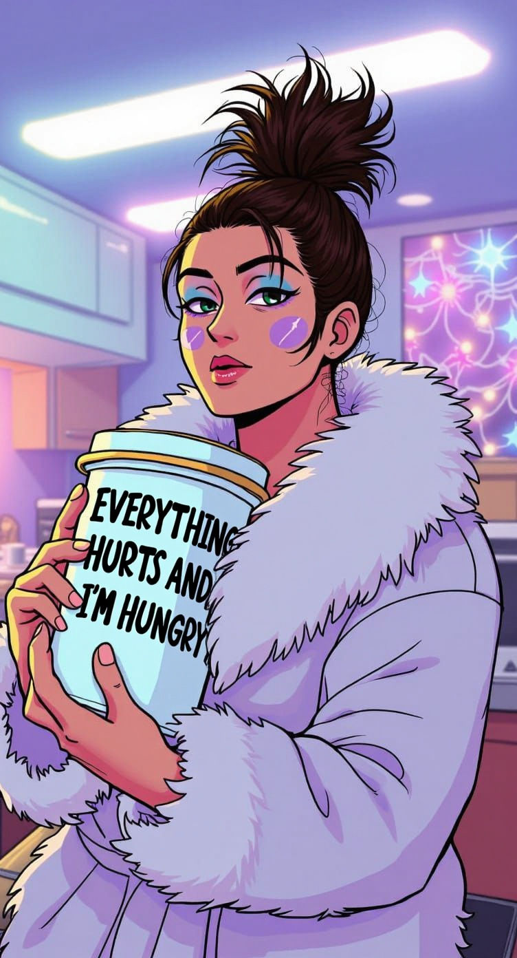 Tired Person with 'Everything Hurts' Tumbler in Cartoon Styl...