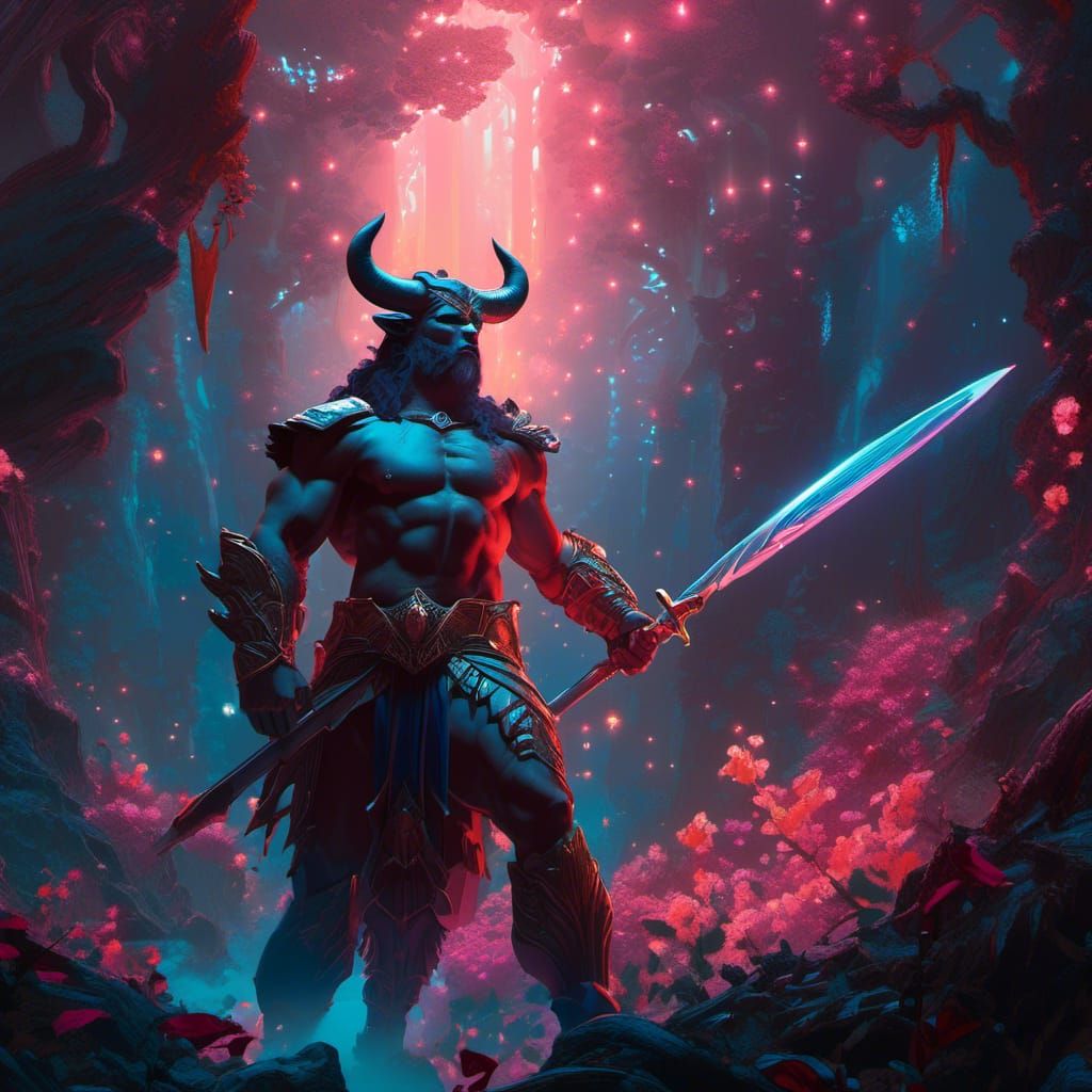 Minotaur Warrior in Bioluminescent Forest, Digital Art