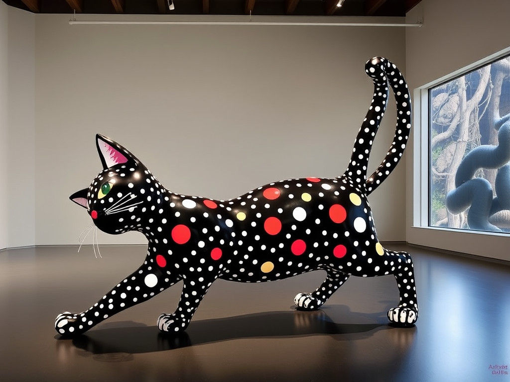 Black Cat Stretching, Kusama-Inspired Art