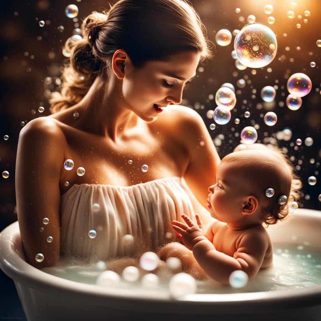 Milk Bath: Mother and Baby in Glowing Bubbles