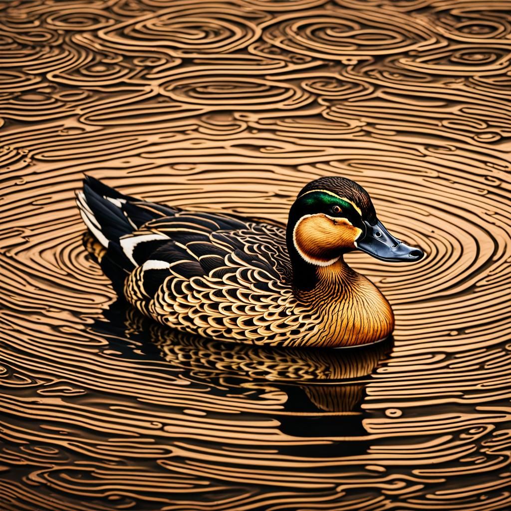 Pyrography Duck Swimming in Calm Water