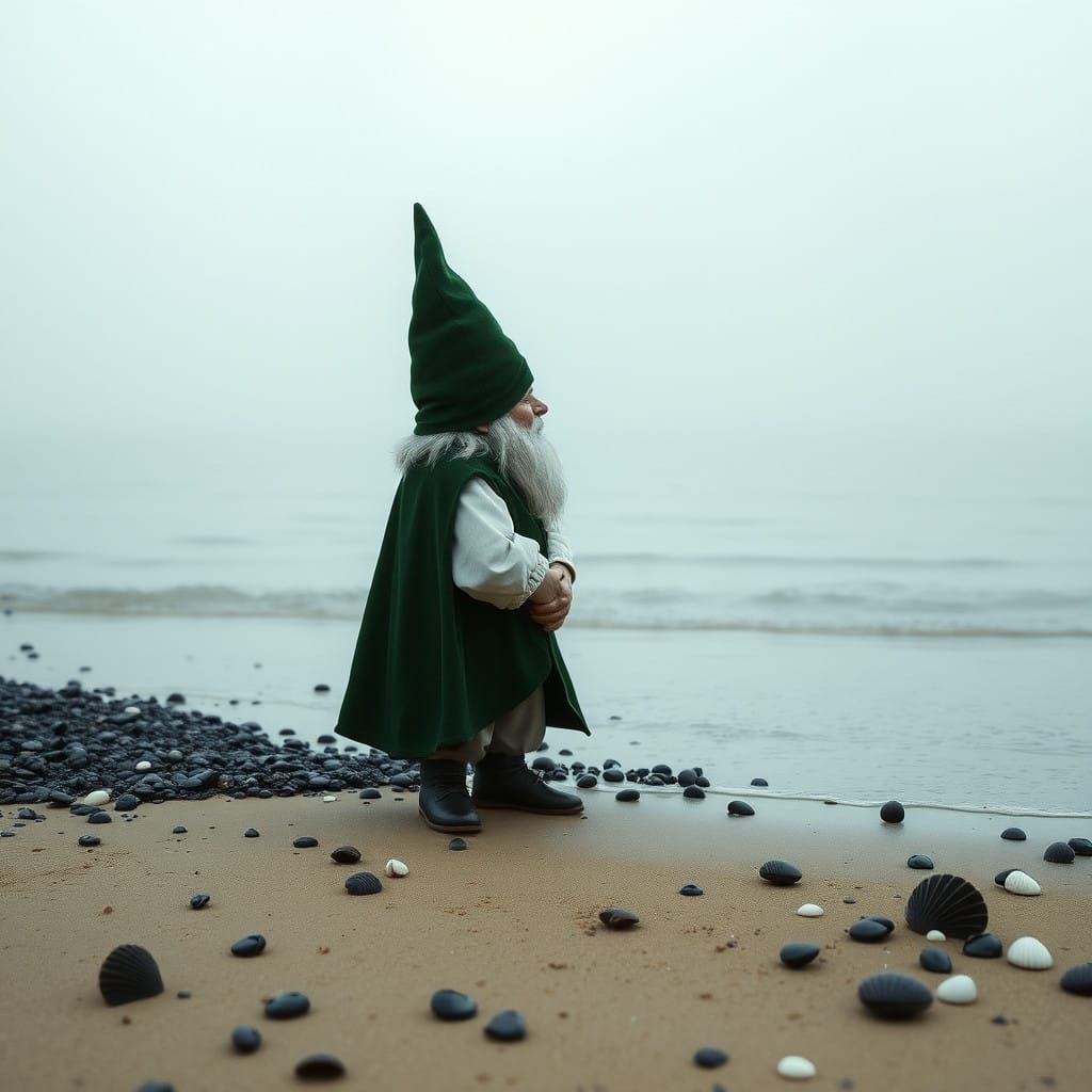 Soulful Gnome Lost in Morning Beach Reflections as Fantasy I...