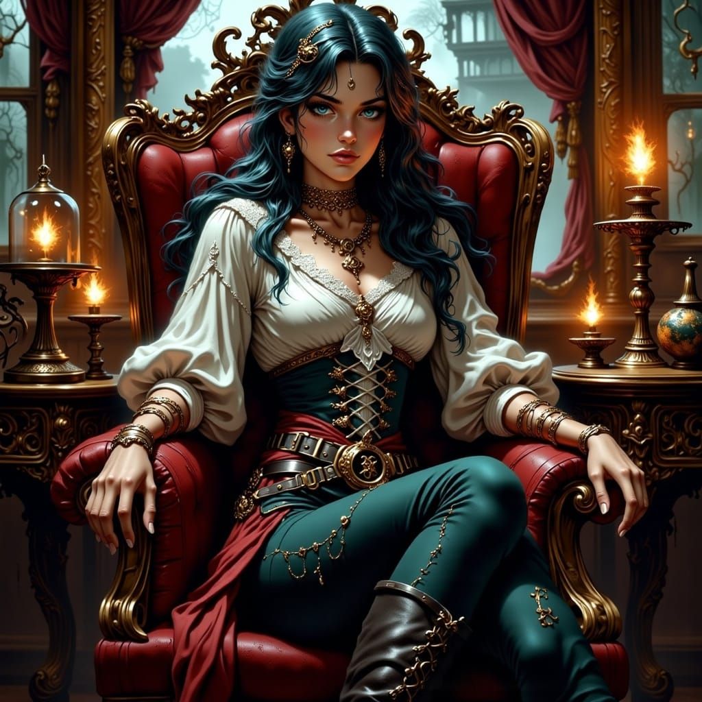 Hyperrealistic Pirate Girl Captain in Ornate Cabin