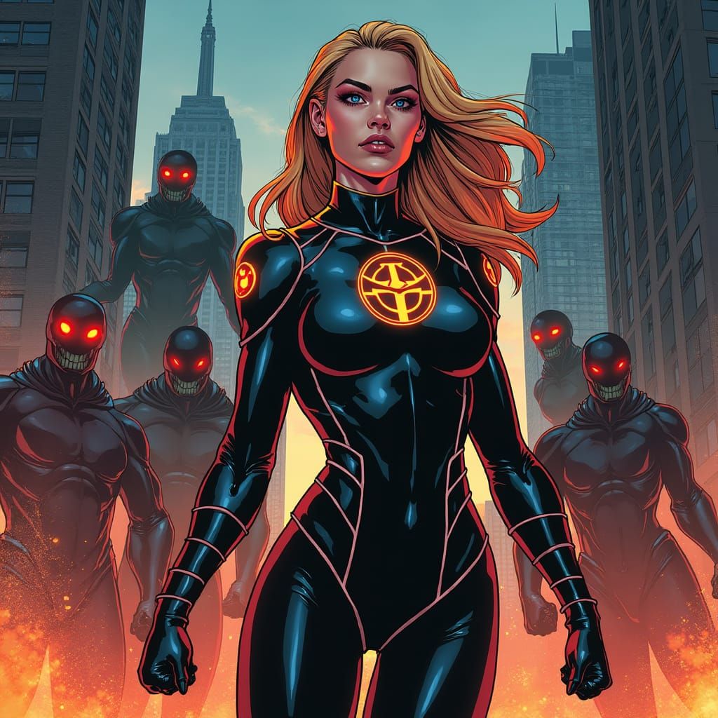Dynamic Female Superhero Confronts Villains in Comic Book St...