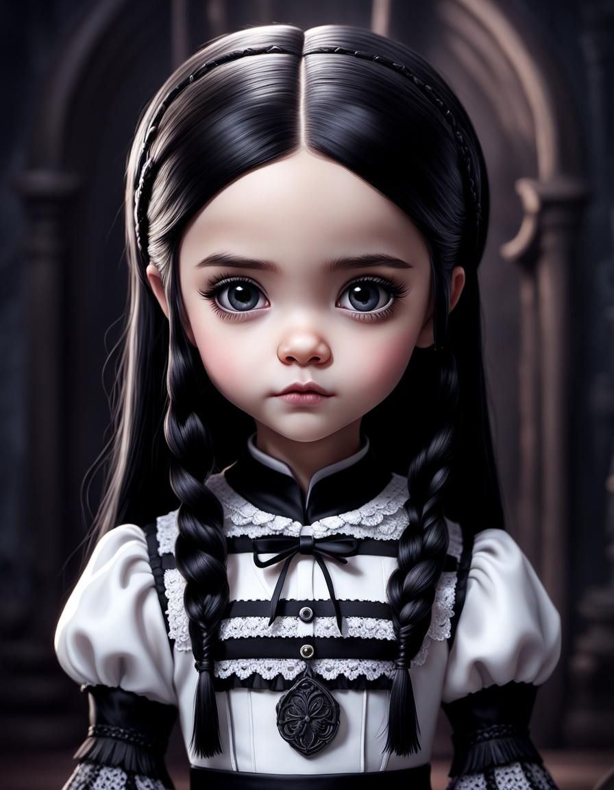 Chibi Wednesday Addams in Spooky Setting