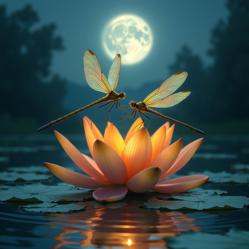 Iridescent Dragonflies on Tiger Lily in Lunar Light
