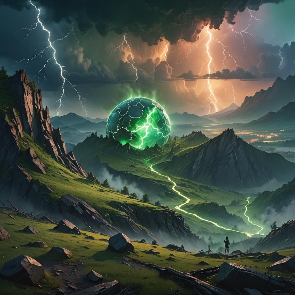 Lightning Cracks Green Mountain in Fantasy Landscape