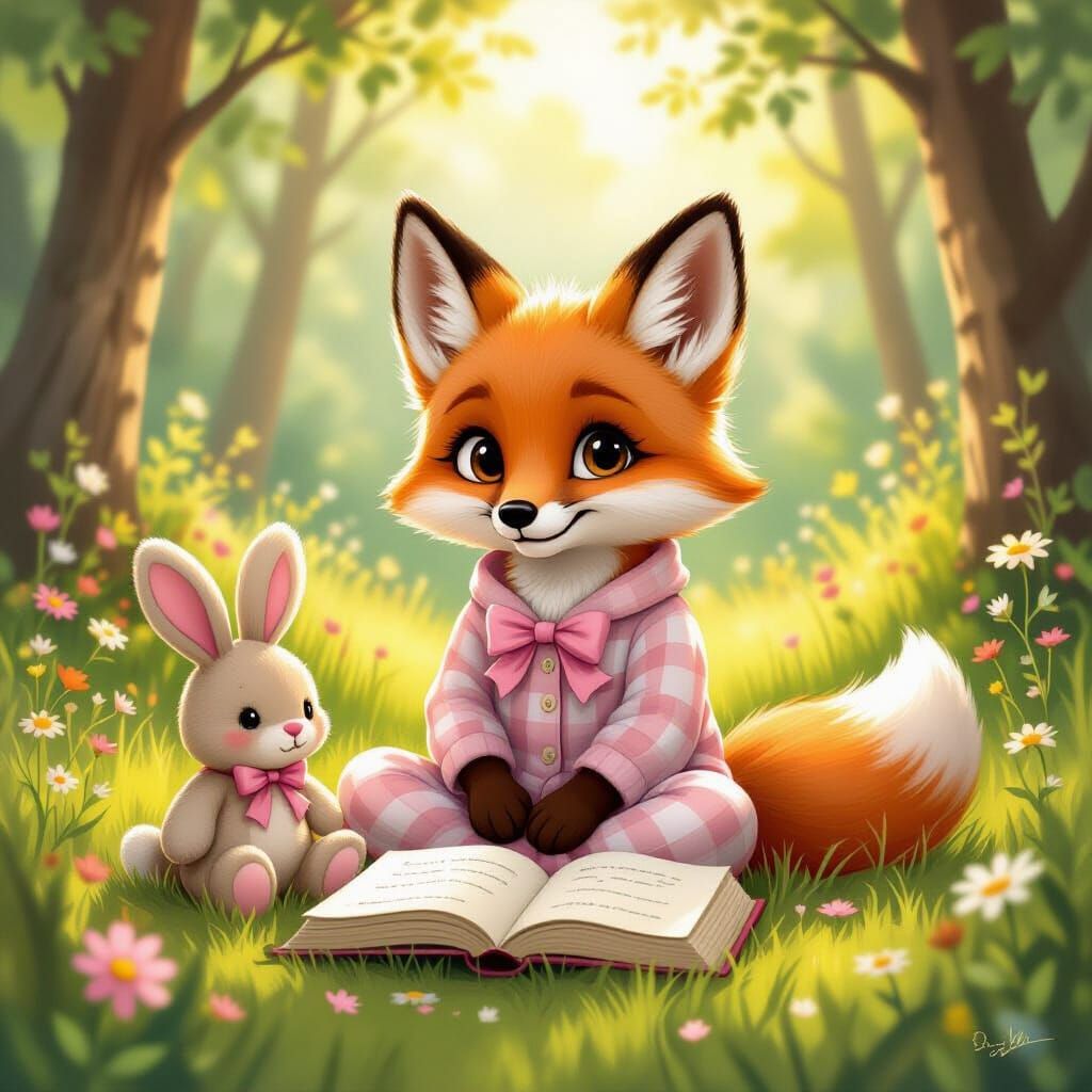 Whimsytail the Fox in Forest Clearing, Hand-Painted Style
