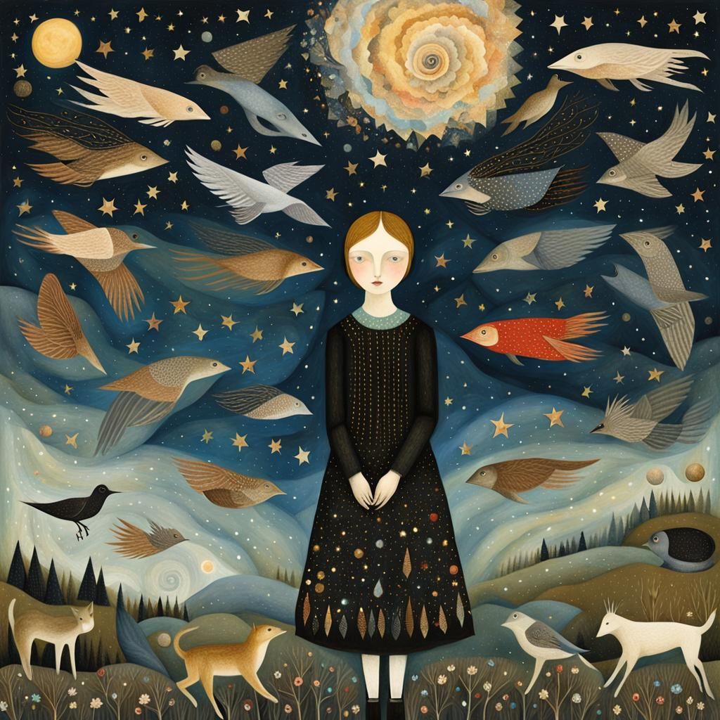 Mystical Creatures Soaring Through Galaxy in Dreamy Collage