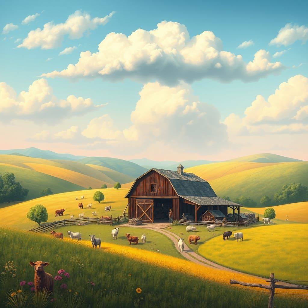 Dreamlike Farm Scene with Animal Barn