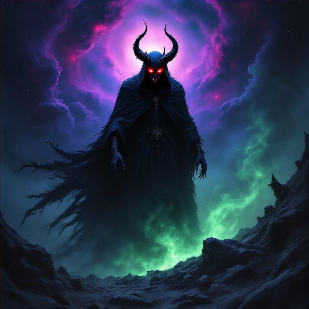 Sinister Cloaked Figure in Star-Filled Void