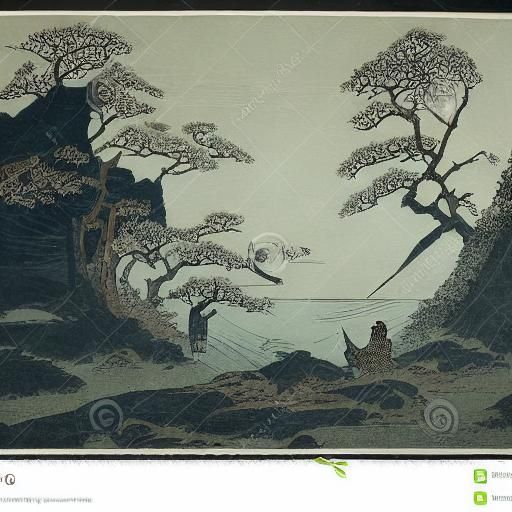 Ukiyo-e Woodblock Print of Travelers in Misty Mountains