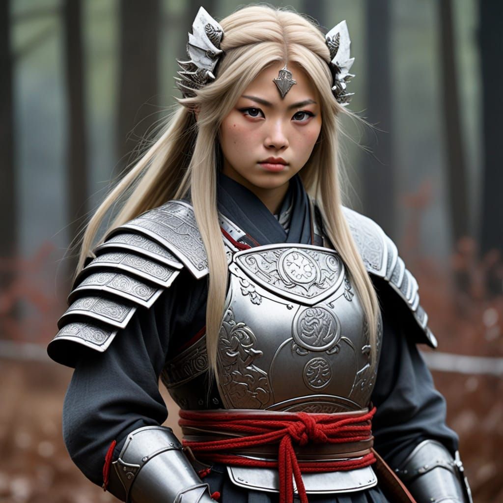 Japanese Folklore Warrior with Blonde Streak in Armor