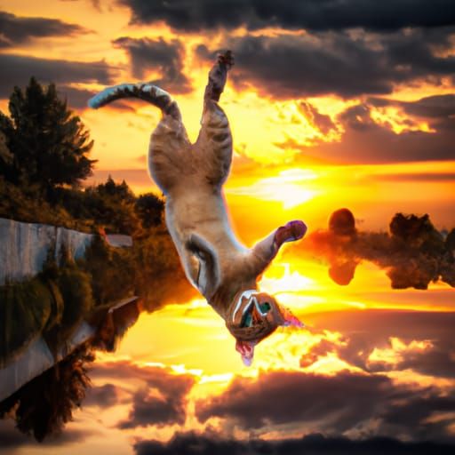 Acrobatic Cat Silhouette at Sunset: Digital Matte Painting