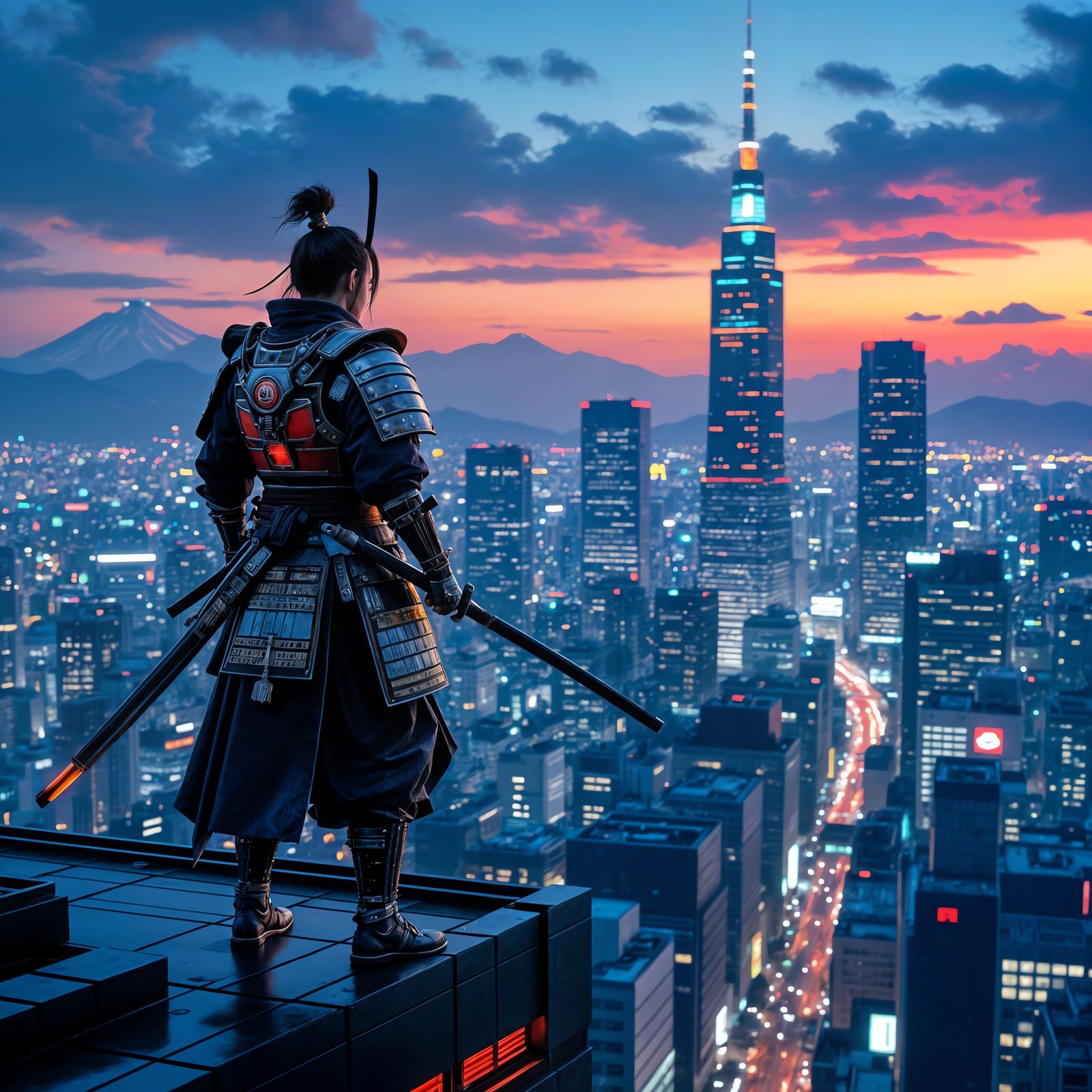 Samurai on Futuristic Skyscraper in Tokyo, Digital Matte Pai...