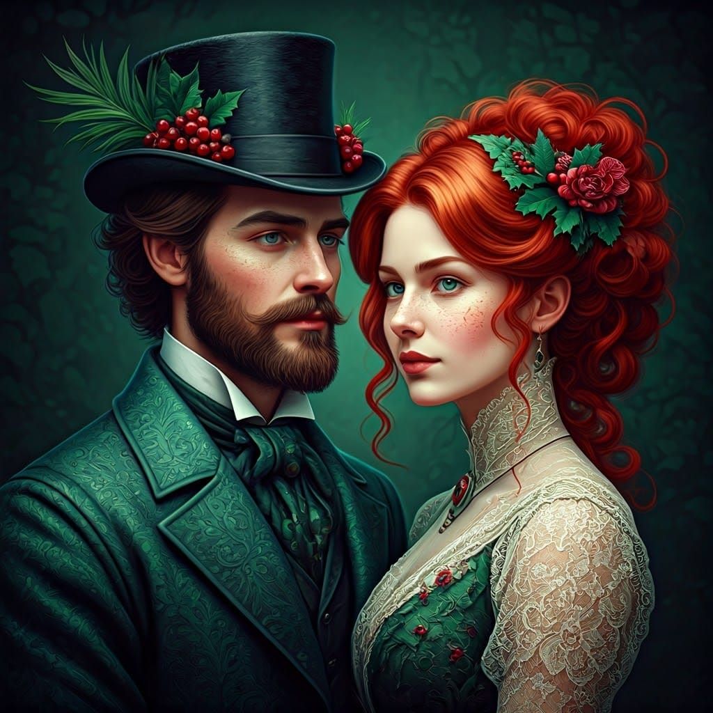 Victorian Duo in Whimsical Embrace, with Intricate Lace and...