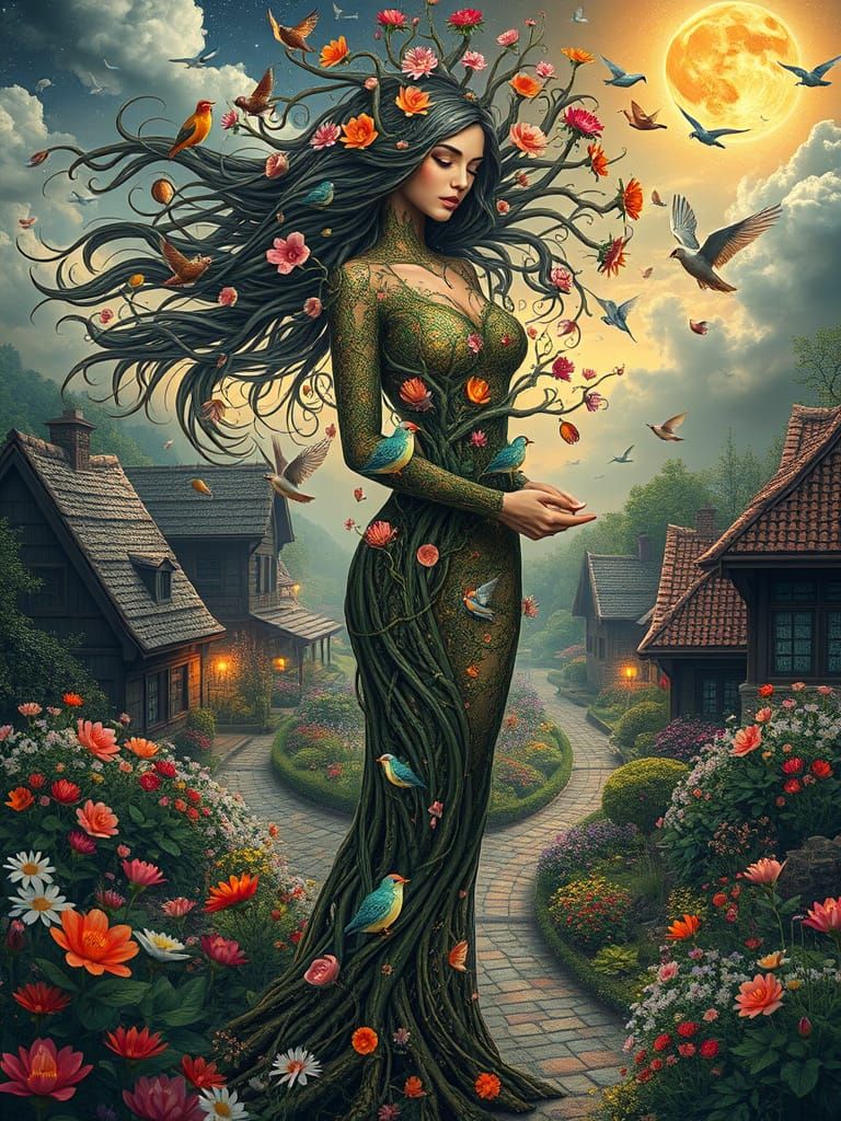 Surrealist Goddess Emerges from Vibrant Village in Blooming ...
