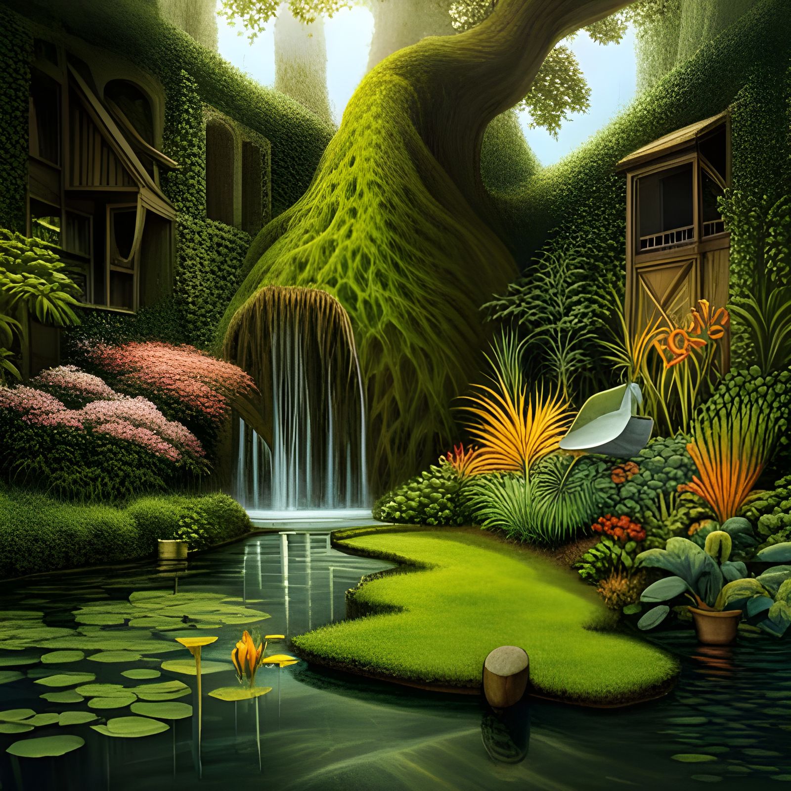 Lush Garden Country House with Celestial God Rays