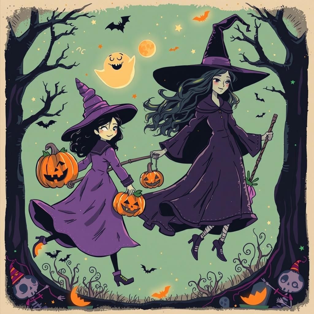Whimsical Halloween Scene: Witch and Ghost Girlfriend