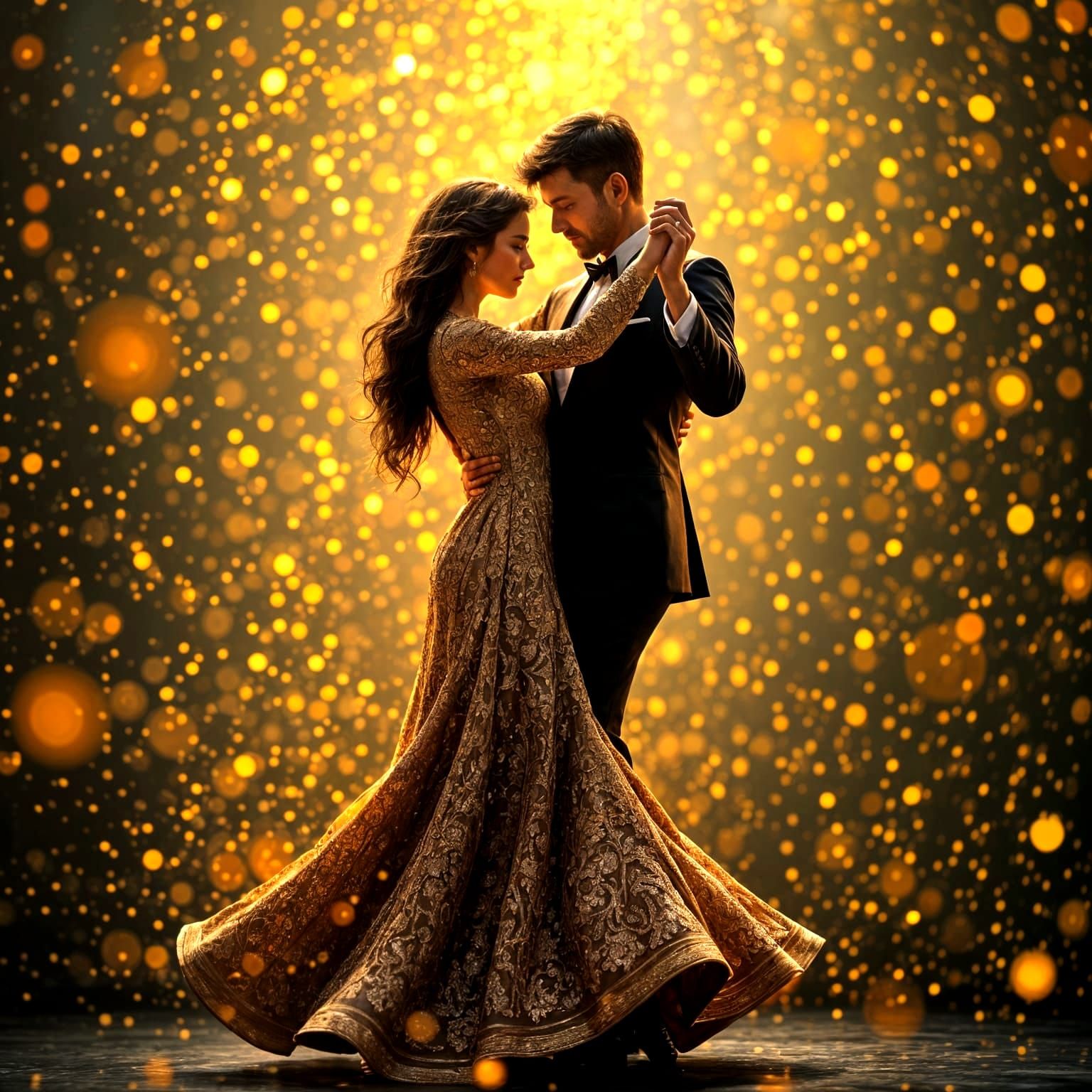 Ethereal Couple Dances in a Tapestry of Golden Lights
