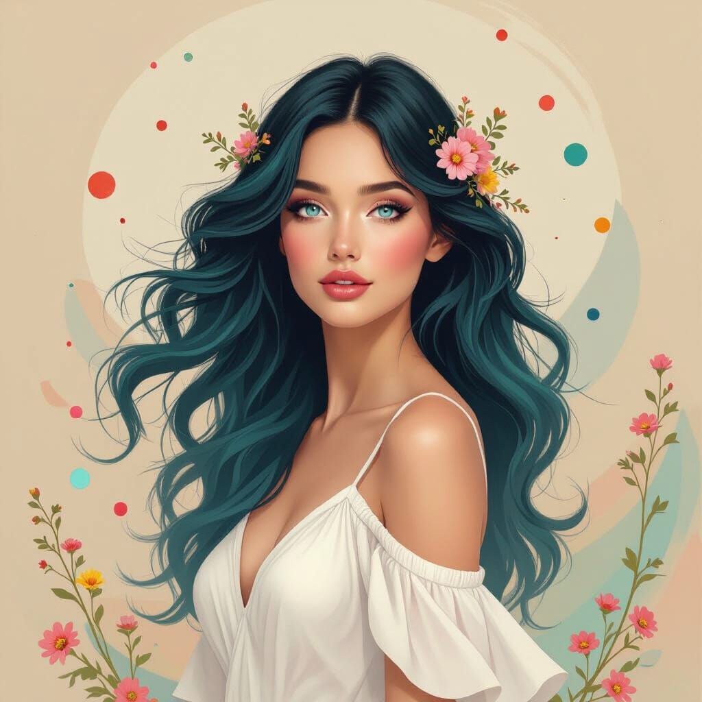 Ethereal Woman with Flowing Hair and Wildflowers