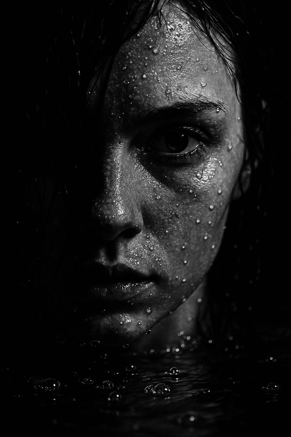 High-Contrast Portrait of Woman Submerged in Water