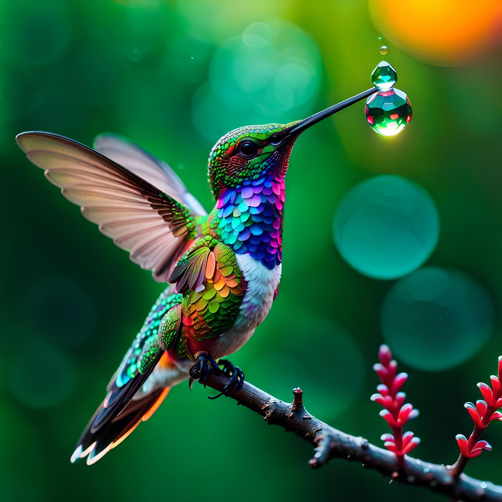 Iridescent Hummingbird in Micro Forest Ecosystem